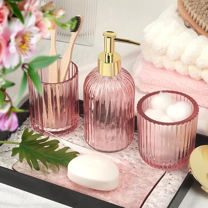 Designer Pink Glass Bathroom Accessories Sets - 4 Pcs with Lotion Soap Dispenser, Bathroom Toothbrush Holder, Vanity Tray, and Apothecary Jar, Vintage Bathroom Decor