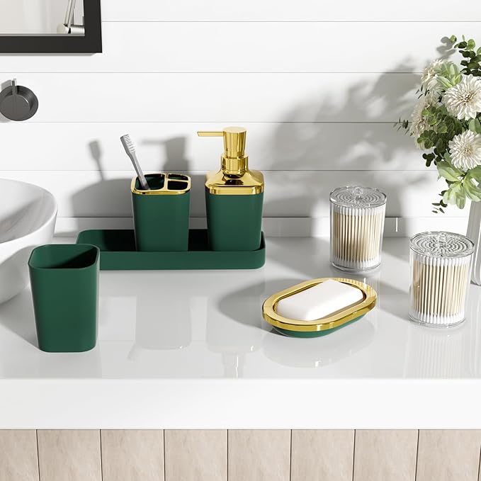 Bathroom Accessories Set, Green Bathroom Set, Dark Green Bathroom Accessory Set with Trash Can, Soap Dispenser, Soap Dish, Toothbrush Holder and Q-tip Holders