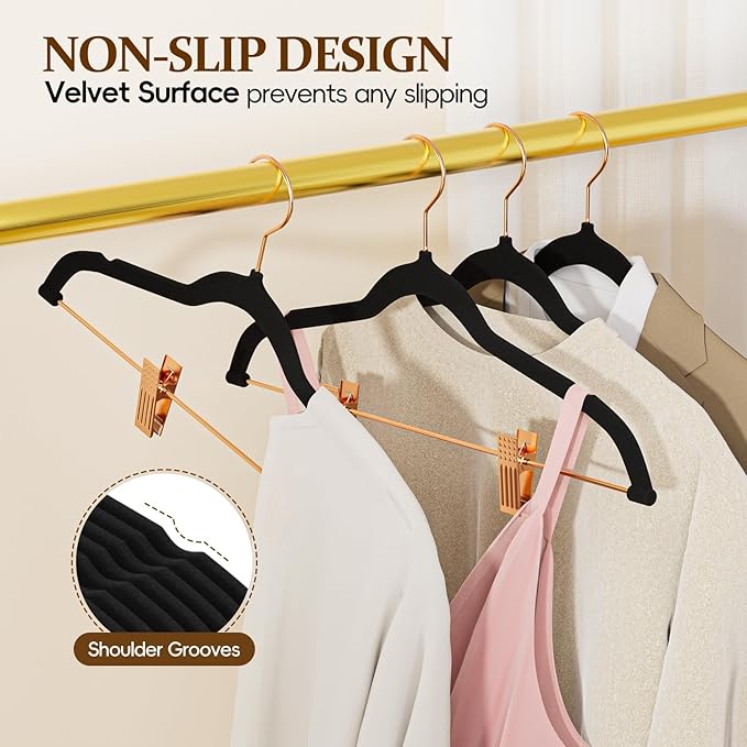 Velvet Hangers with Adjustable Clips 25 Pack, Space Saving, Non-Slip Slim Felt Clothes Hangers for Pants, Skirts, Dress, Suits, Heavy Duty Rose Gold Metal Hanger with 360° Swivel Hook (Black)