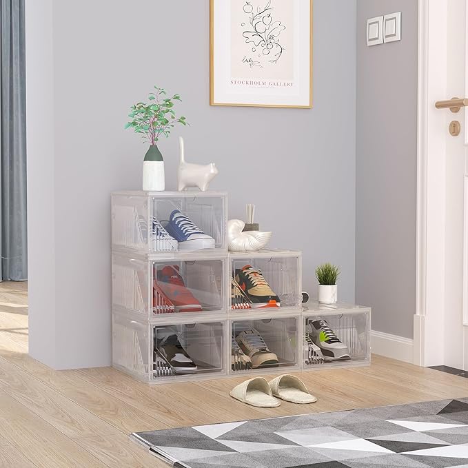 AWTATOS Shoe Boxes, 6 Pack Shoe Storage Organizers, Plastic Stackable Shoe Rack, Sneaker Containers, Toy Storage Bins for Entryway, Closet, Under Bed, Clear