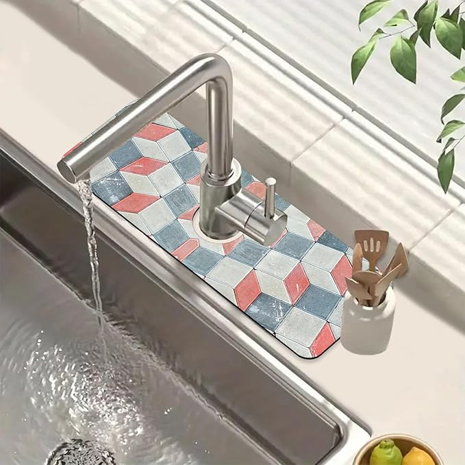 Red Gray Tile Sink Splash Guard Faucet Mat Red White Diamond Super Absorbent Fast Drying Mat Sink Gadgets-Splash Guard Behind Faucet Drip Catcher for Kitchen Bathroom, 15.5"x5.5"