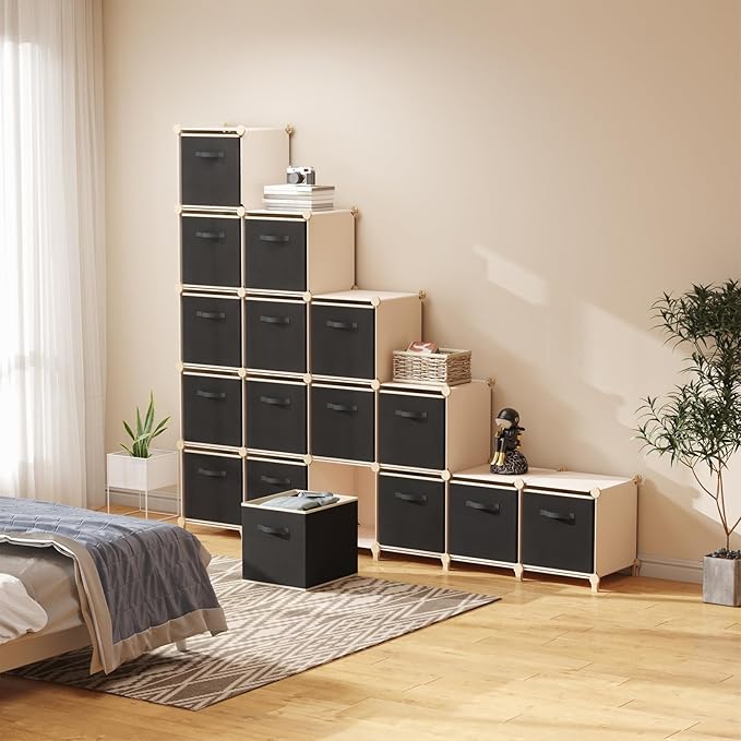 Lifewit Storage Cubes, Foldable Decorative Fabric Storage Baskets for Organizing Home Organizers with Handles for Shelves, Closet, 11 Inch Bins, 18L Black, 16 Packs