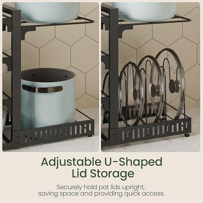 pots and Pans Organizer Under Cabinet, Pot and Pan Organizer Rack, Two-Sided Cookware Holder with Lid Storage, Adjustable Pan Organizer, Pot Holders, for Kitchen, Black TPR40BB