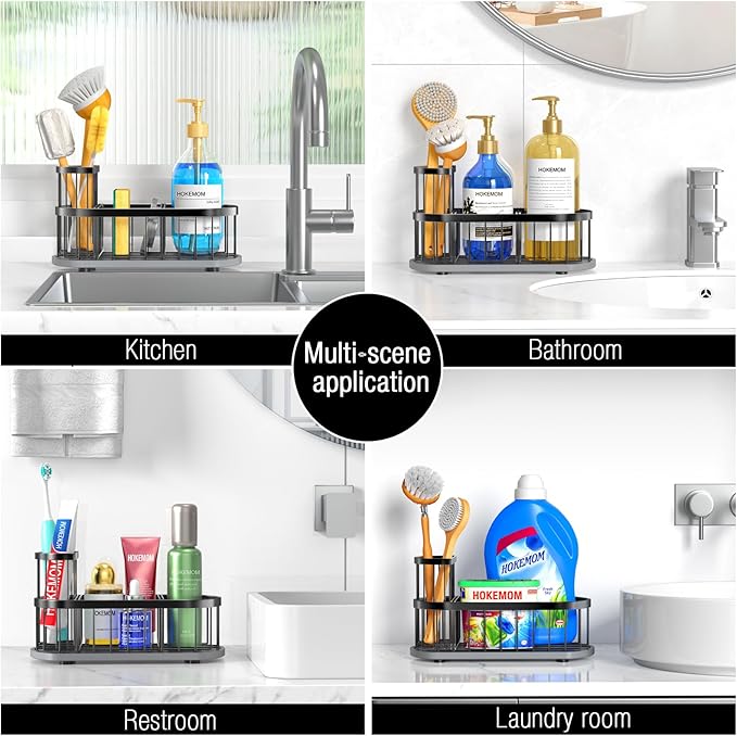 LARGE Kitchen Sink Caddy Organizer,[FLEXIBLE PLACEMENT & FAST-DRYING] Sponge Holder for Kitchen Sink Countertop with High Brush Holder-Rustproof 304 Stainless Steel-9.84"L x 4.72"W x 5.83"H