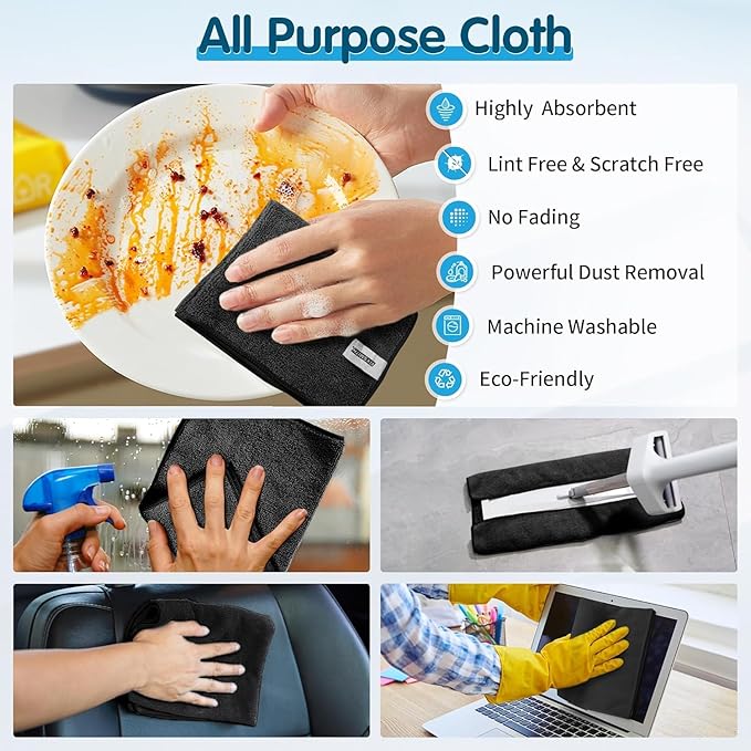 FIXSMITH Black Microfiber Cleaning Cloth -Pack of 50, Highly Absorbent Cleaning Rags, 16"X12" All Purpose Cleaning Towels for Housekeeping, Kitchen, Car, Lint Free and Reusable Microfiber Towels