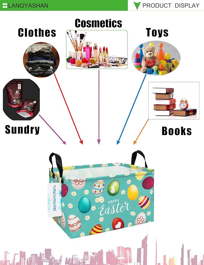 LANGYASHAN Rectangular Storage Bin Collapse Canvas Fabric Cartoon Storage Basket with Handles for Organizing Home Kitchen Boys and Girls Toys Office Closet Shelf Baskets (Rec Daisy Easter Egg)