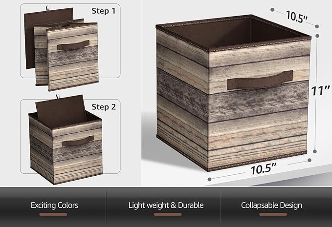 Sorbus Foldable Storage Cube Basket Bin, Rustic Wood Grain Print, 4-Pack (Rustic Bin - Brown)
