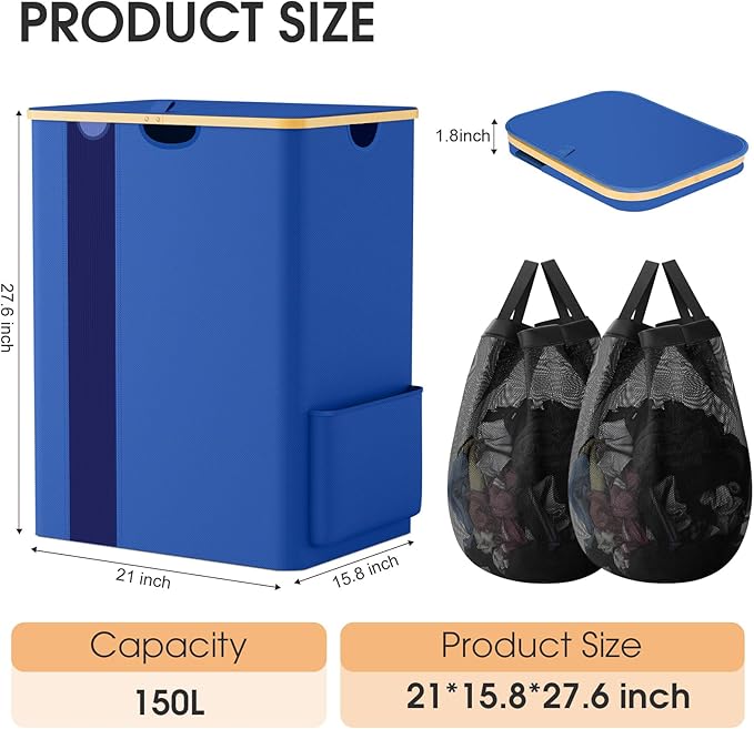 Laundry Basket Clothes Hamper with Lid and Pocket Large Collapsible Laundry Baskets with Handle, Blue Freestanding Hampers for Bedroom Aesthetic, Dorm, Bathroom, Laundry Room (150L)