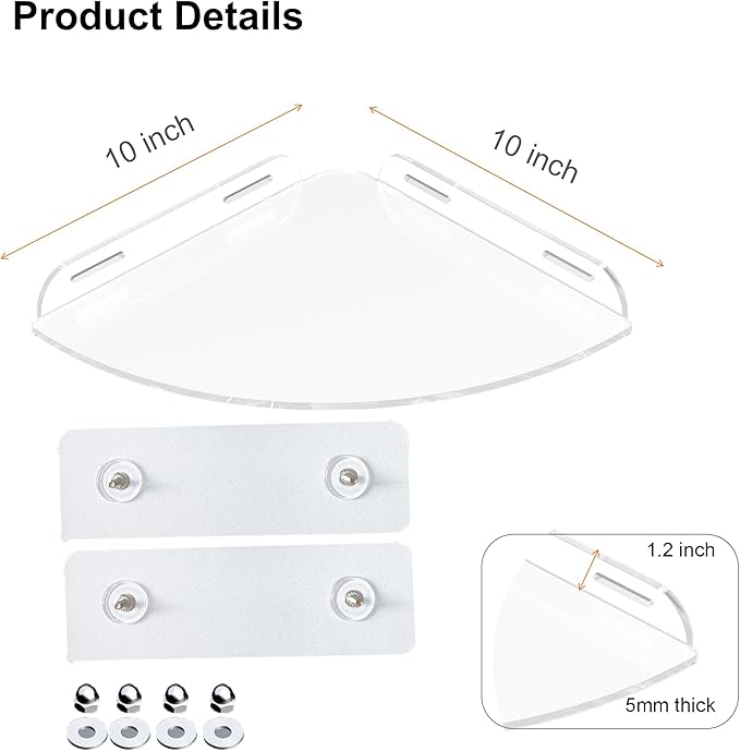 Acrylic Corner Shelves, Adhesive Shelf, Shower Caddy Organizer for Home Decor,Clear Shower Shelf,No Drilling Wall Mounted Bathroom Shelves (Clear 10 inch 1 set)