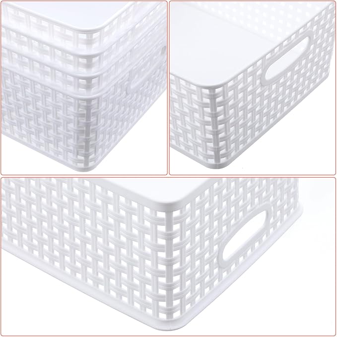 Pack of 4 Plastic Storage Basket,White Desktop File Paper Letter Organizer Tray,Plastic Baskets for Organizing（11.4"X9"X4.7" ）
