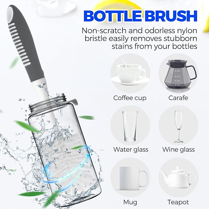 Holikme 6 Pack Dish Brush Set with Bottle Brush, Dish Scrub Brush, Pan Brush and 3 Straw Brushes, Deep Cleaning Handle Brush with Scraper Tip for Kitchen Sink Dishes Bottle Cup Pot and Pans (Gray)