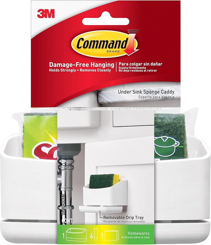 Command Under Sink Sponge Caddy, Total 2 Sponge Holders with 8 Strips, 2 Pack of 1 Caddy, Organize Damage-Free