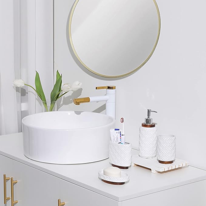 Bathroom Accessories Set 4 Pcs Toothbrush Holder Soap Dispenser Ceramic and Wood Bathroom Decor Set Contain Toothbrush Cup Soap Dish Tumbler White