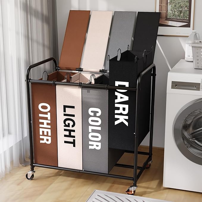 4-Compartment Laundry Cart with Lockable Wheels & Lid 180L Large Wheeled Laundry Basket Heavy-Duty Sorting Organizer for Laundry Room (Multicolor)