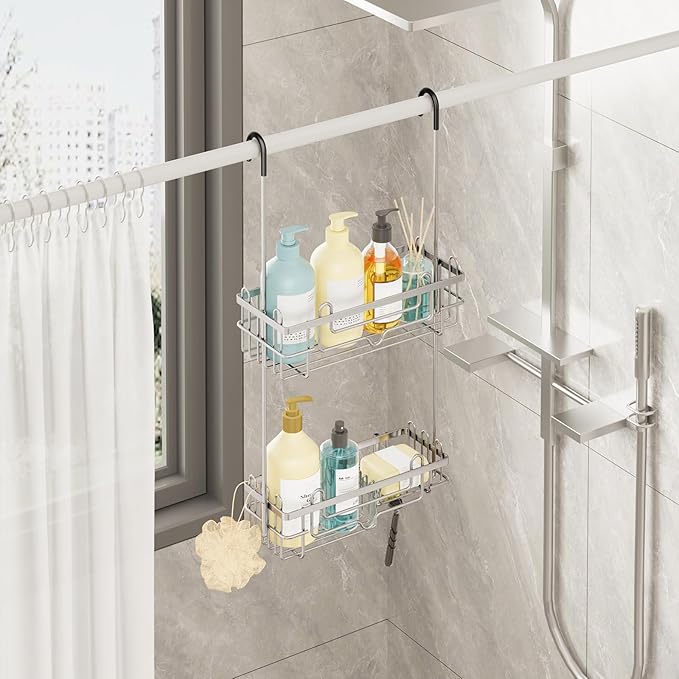 Consumest Over the Door Shower Caddy - 2-Tier Hanging Shower Organizer with Soap Holder, Rustproof Bathroom Storage and Organizer Rack for Shampoo, Towels, and Toiletries, Sand Nickel