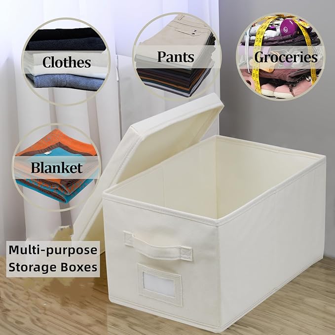 3 Pcs Closet Storage Bins with Lids & Lable & Handles, 15" 22 Quart Collapsible Fabric Stackable Storage Bin Cube Organizer Lidded Organizing Boxes Storage Containers