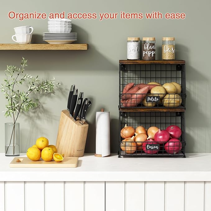 Hanging Wall Fruit Basket for Kitchen Counter 2 Pack, Stackable Wire Baskets for Organizing with Wood Lid, Potato and Onion Storage Bin with Banana Hook for Vegetable Produce, Black + Rustic