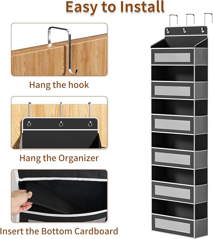 Over The Door Organizer with 6 Large Pockets, Over the Door Storage 12 Side Pockets, Hanging Door Organzier 44 lb Load Behind Door Storage Hanging Shelf for Closet Wall Bathroom Nursery, 6-Tier Black