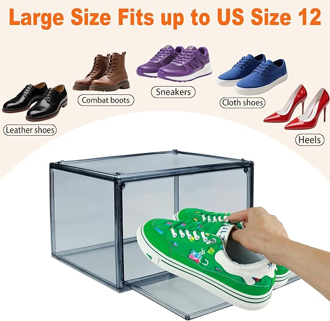 12 Pack Shoe Boxes Size 13 Acrylic Shoe Organizer Clear Storage Box Plastic Stackable Sneaker Display Case with Magnetic Lids