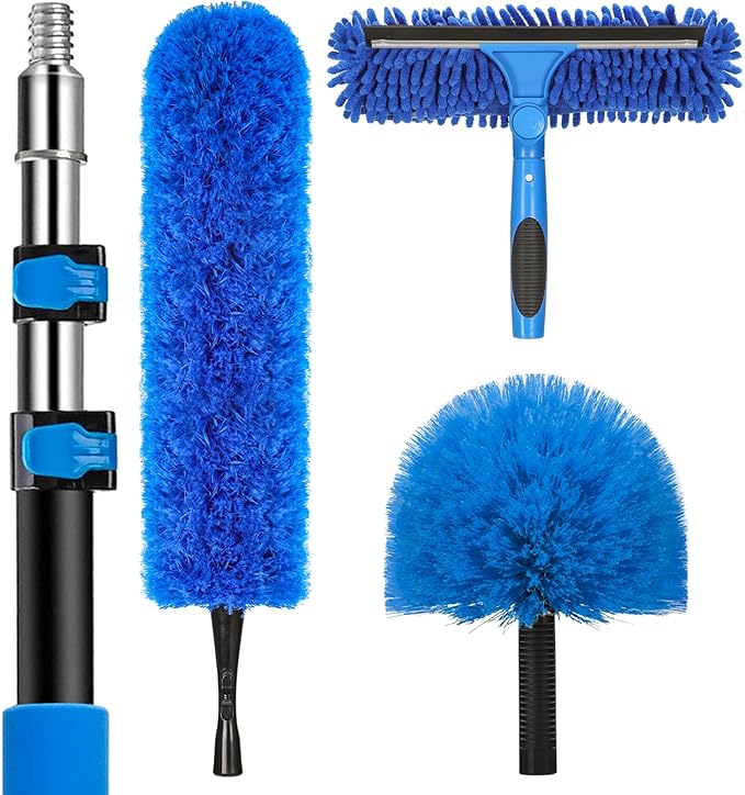 20 Feet High Reach Duster Kit with 5-12 Ft Extension Pole, Cobweb Duster with Telescoping Pole, Window Squeegee with Scrubber, Spider Web Brush, High Ceiling Fan Duster for High Window, Interior Roof