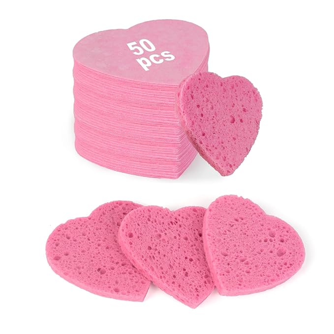 50-Count Heart Shape Compressed Facial Sponges,100% Natural Cellulose Face Sponge Spa Sponges for Removing Dead Skin, Dirt and Makeup(Pink)