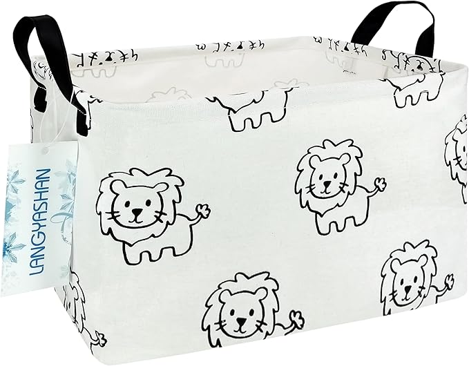 LANGYASHAN Rectangular Storage Bin Collapse Canvas Fabric Cartoon Storage Basket with Handles for Organizing Home Kitchen Boys and Girls Toys Office Closet Shelf Baskets (Rec lion)