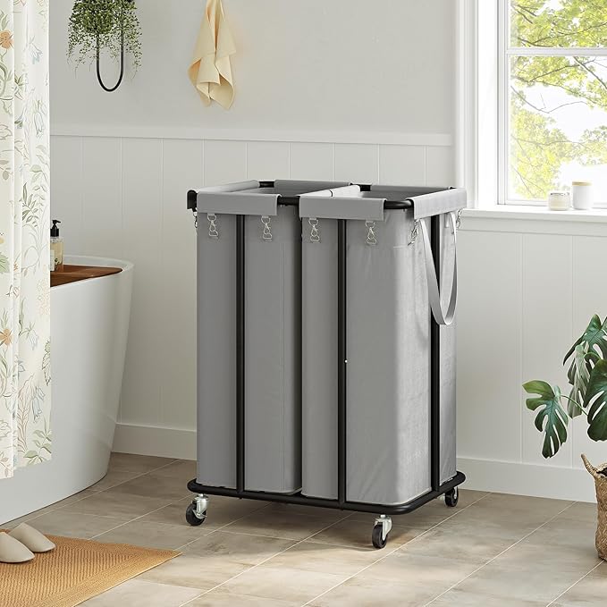 WOWLIVE Double Laundry Hamper with Wheels 170L Rolling Laundry Basket Organizer Laundry Cart with Steel Frame and Removable Bags Large Dirty Clothes Hamper Dorm Room Storage for Bedroom (Grey)