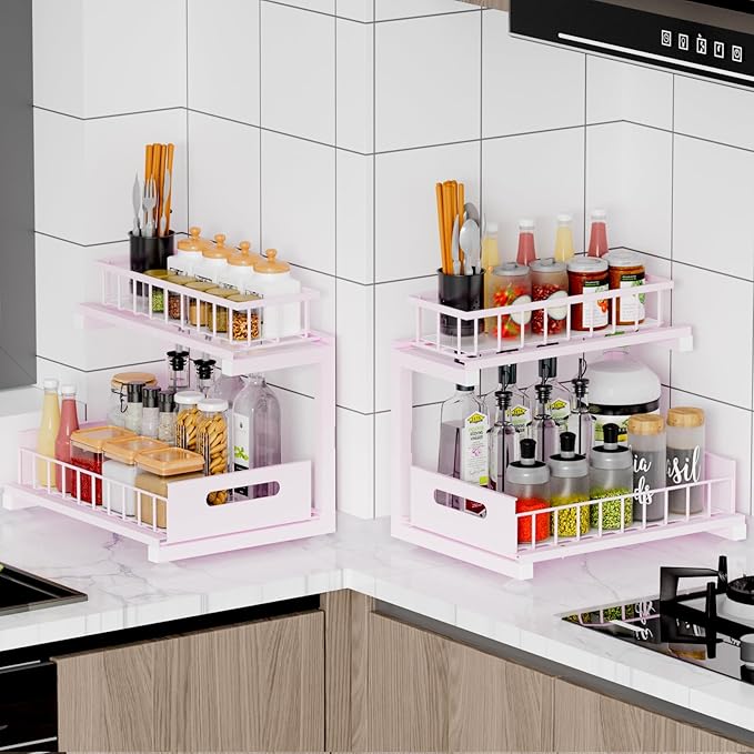 Under Sink Organizer Storage 2-Tier Premium Metal Pull-Out Racks, Height Adjustable, Heavy Dut and Easy Installation for Kitchen & Bathroom Organizers 1 Pack