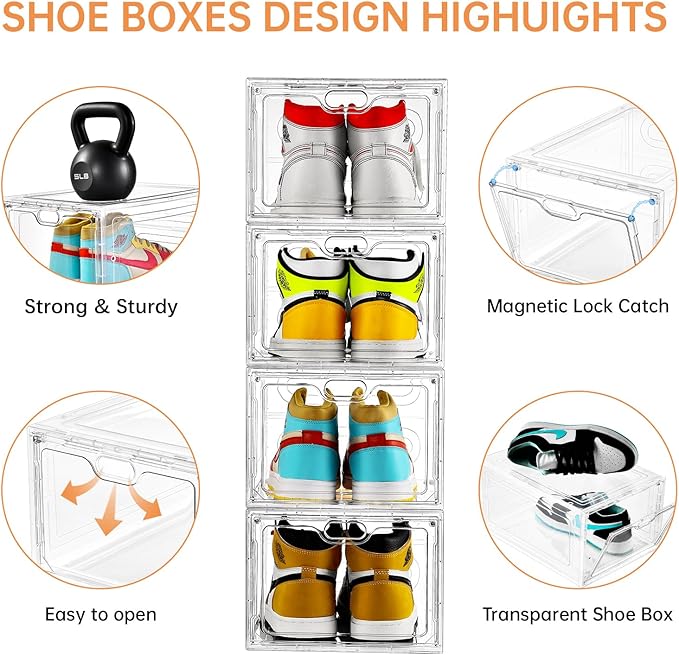 INSTY 6 Pack Large Shoe Storage Box, Clear Shoe Storage Organizer with Magnetic Door, Stackable,Shoe Containers For Display Sneakers, Easy Assembly, Fit up to US Size 12, Clear