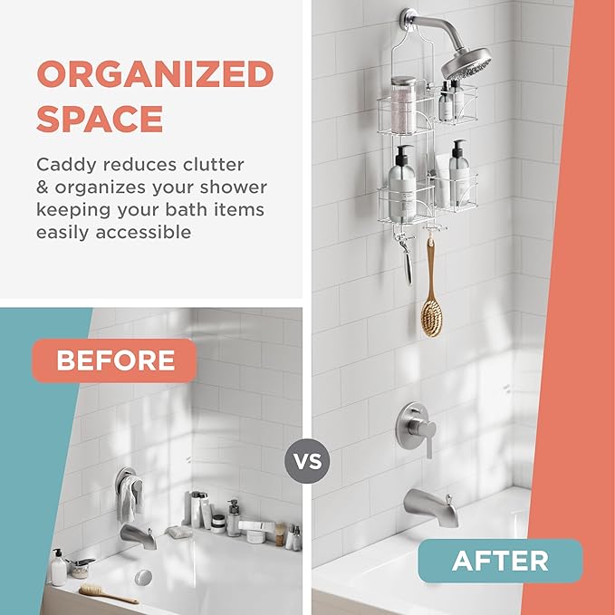 Zenna Home Shower Caddy Hanging Bathroom Organizer, Steel Shower Shelves with 4 Sliding Baskets and Built in Hooks, Accomodates Hose for Handheld Shower Head Storage System, Chrome