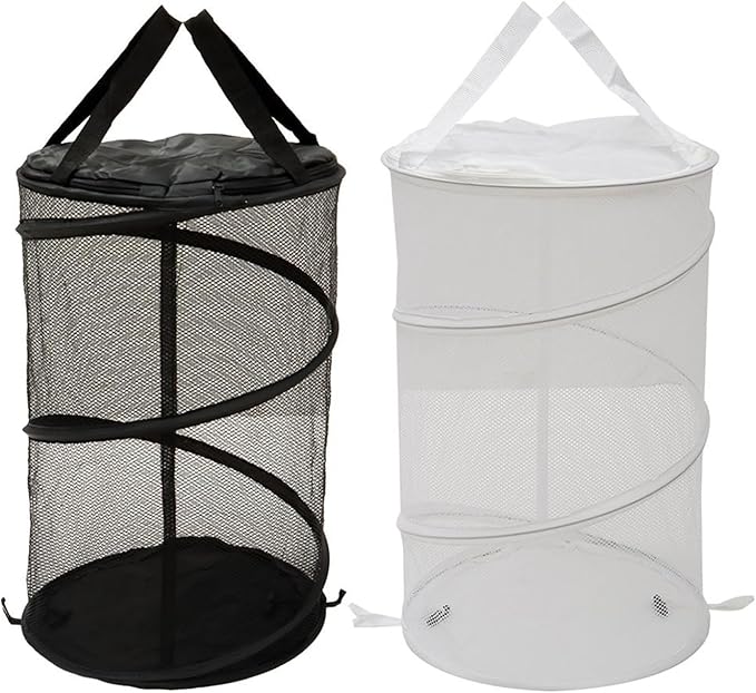 2PCS Large Collapsible Round Popup Laundry Hamper with Lid,Foldable Mesh Hamper with Reinforced Handles and Solid Bottom,White and Black Laundry Basket