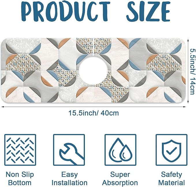 Ceramic Wall Tiles Sink Splash Guard Faucet Mat Moroccan Graphics Super Absorbent Fast Drying Mat Sink Gadgets-Splash Guard Behind Faucet Drip Catcher for Kitchen Bathroom, 15.5"x5.5"