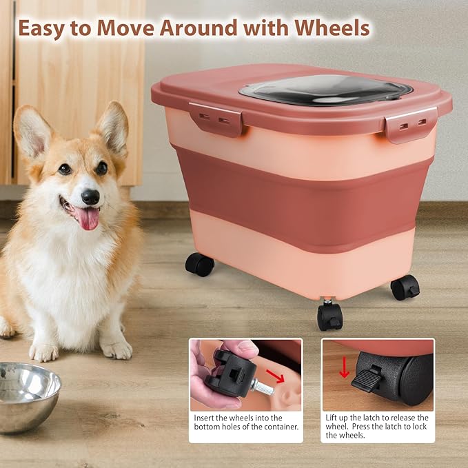 Dog Food Storage Container, 10-20Lbs Collapsible Pet Food Storage Containers with Rolling Wheel Airtight Locking Lid, Dry Food Storage Bin with Cup and Scoop,Suitable for Pet Food, Rice, Flour