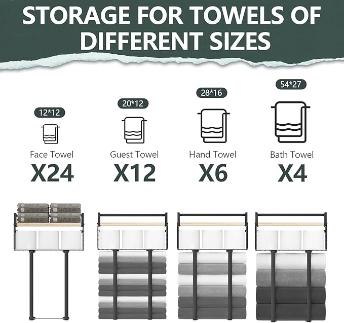 Towel Racks for Bathroom, Metal Towel Holder with Storage Basket,Wall Towel Rack for Rolled Towels, Towel Storage for Small Bathroom.