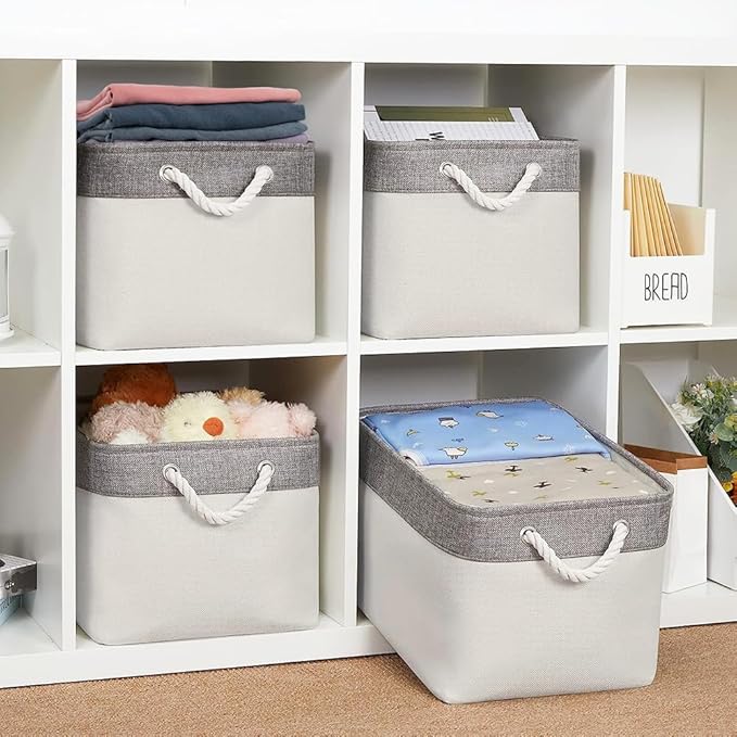 Sacyic Organization and Storage Basket for Organizing - Large 4 Pack 16x12x8 inch Fabric Storage Cube Collapsible Baskets for Shelves, Storage Bins for Cloth Books (Grey & White)