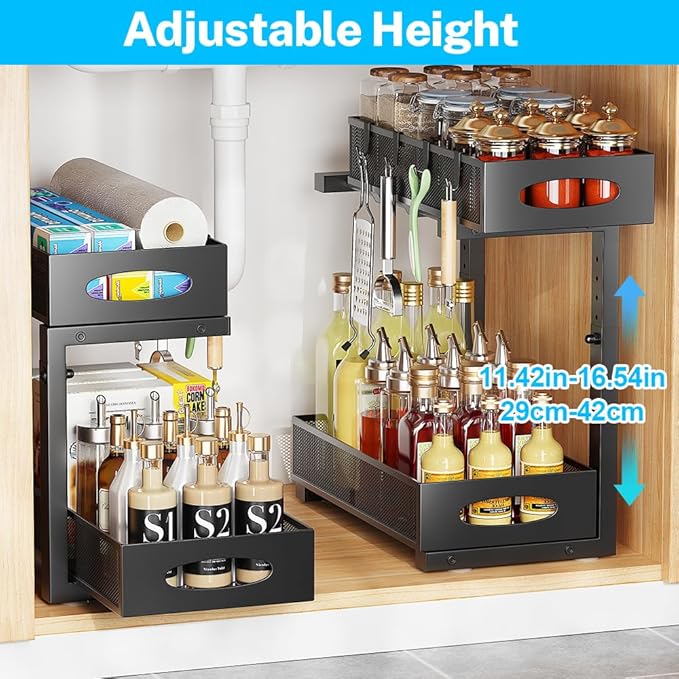 Under Sink Organizer 2 Tier, Pull Out Cabinet Storage with 5-Level Adjustable Height, Thickened Carbon Steel Sliding Under Cabinet Shelf for Kitchen, Bathroom, Laundry Room, Black