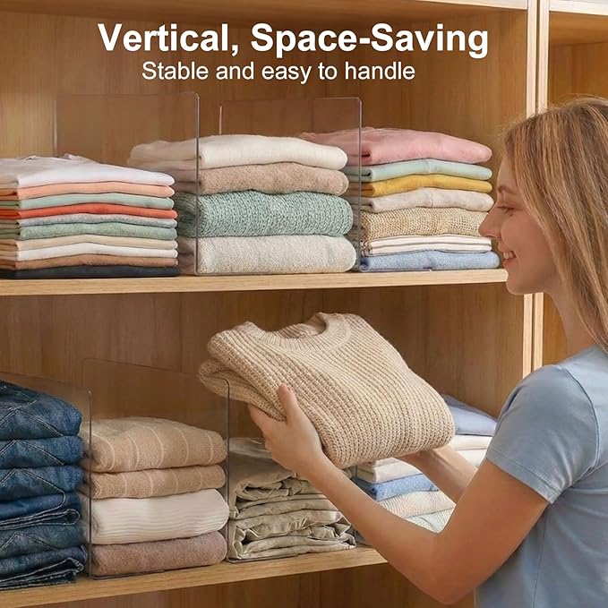 Shelf Dividers for Closet Organization: 10" Tall x 16" Deep, Deeper Adhesive Separators Features Acrylic Material and Provides Storage for Clothes and Sweater in Bedroom Cabinets(6-Pack)