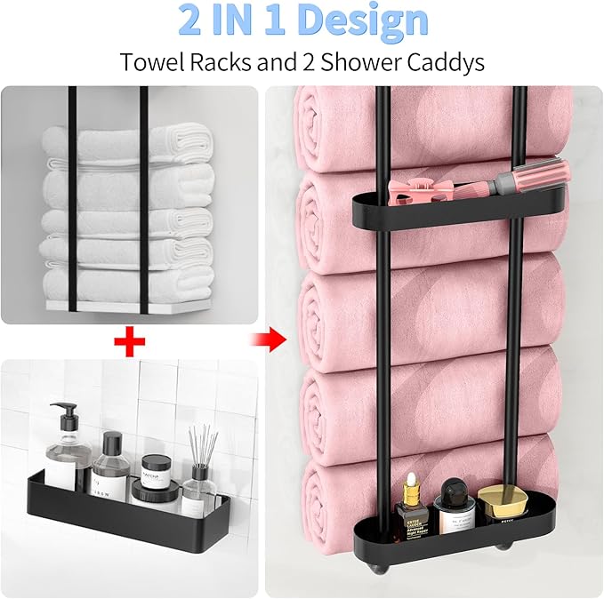 Bathroom Towel Storage, 36.4 Inch Towel Racks for Bathroom Wall Mounted with Shower Caddy with Metal Shelf, Black