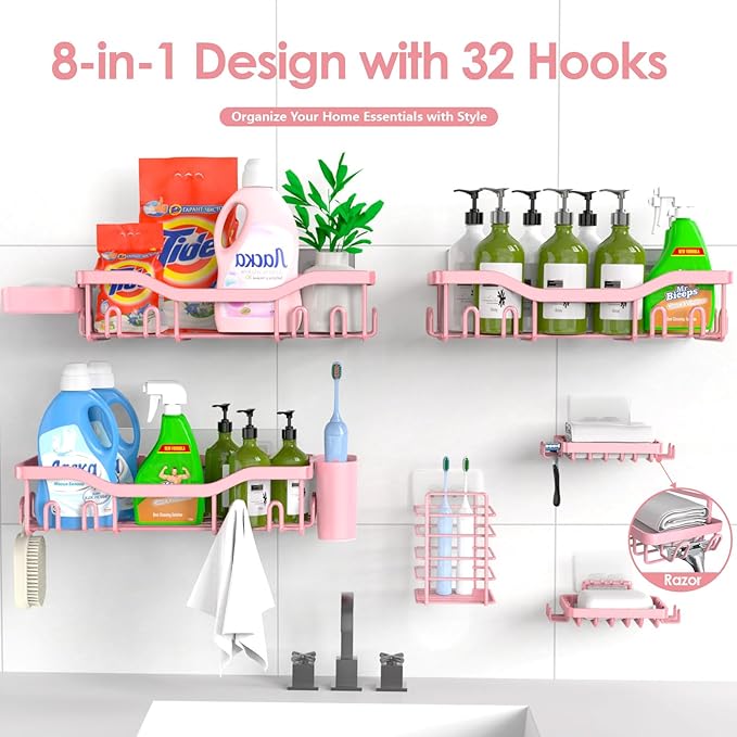 Shower Caddy Adhesive Shower Organizer 8-Pack, Rustproof Stainless Steel Bathroom Shelves, Large Capacity No-Drill Rack Storage Accessories with Soap Dish Toothbrush Holder Hooks