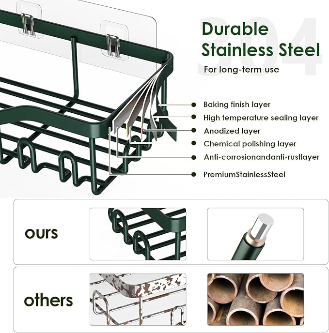 Shower Caddy Adhesive Shower Organizer 8-Pack, Rustproof Stainless Steel Bathroom Shelves, Large Capacity No-Drill Rack Storage Accessories with Soap Dish Toothbrush Holder Hooks