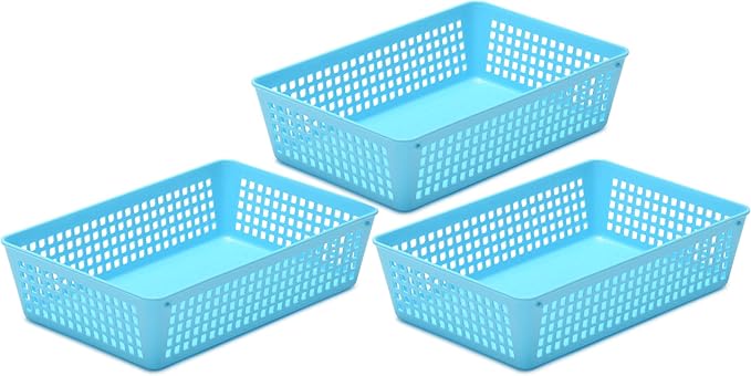 YBM Home 3-Pack Plastic Storage Baskets Bins for Home Junk Drawer, Shelves, and Office Organization, Functional Trays/Containers Great for Kitchen Pantry, Cabinets, Bedrooms, and Bathrooms, Blue