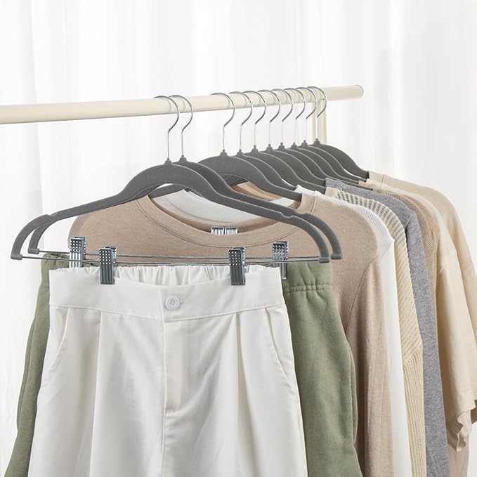 Velvet Pants Hangers Pack of 24, Non-Slip Skirt Clothes Trousers Hangers with Adjustable Clips, 360 ° Swivel Hooks Grey/Silver