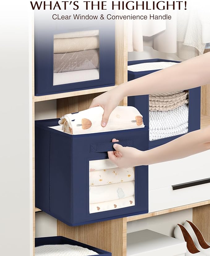 Storage Cube 11 Inch - Cube Storage Bins with Window, Closet Storage Baskets with Handle, Fabric Bins for Closet, Shelves, Toys, Clothes, Set of 16, Navy Blue