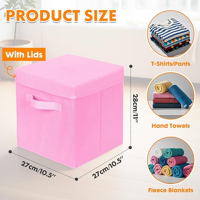 ShellKingdom Storage Bins, Foldable Fabric Storage Cubes with Lid, Clothes Storage Organizer Drawer For Closet Toys Storage, 10.5 X 10.5 X 11 INCH, 2 Pack (Pink)