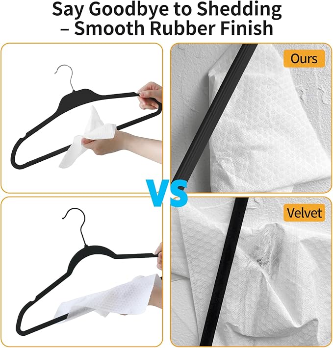 Non-Slip Rubber Coated Hangers, 30 Pack Plastic Clothes Hangers with 360° Swivel Hook 17.7 Inches Slim Space Saving Hangers for Adult Clothes Shirts Dresses Pants, Black