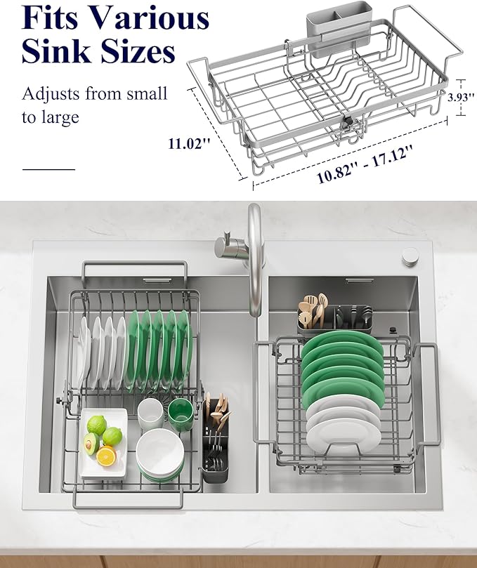 Kitsure Dish Drying Rack – Expandable in-Sink or Over-Sink Dish Rack for Kitchen Counter, Rust-Resistant Metal Dish Strainer with Cutlery Holder, 10.82"-17.12" L x 11.02" W x 3.93" H, Grey