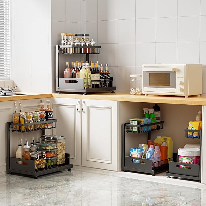 Under Sink Organizer Storage 2-Tier Premium Metal Pull-Out Kitchen Cabinet Organizer with Sliding Drawer, Height Adjustable, Heavy Duty for Kitchen & Bathroom Organizers 2 Pack Black