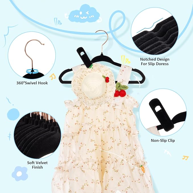 Baby Velvet Hangers 50 Pack - 11 Inch Premium Non Slip Felt Kids Hanger for Toddler & Infant Clothes - 0.2" Ultra Thin Baby Clothes Hangers with 10 Hanger Clips - Black