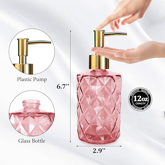 Glass Soap Dispenser with Gold Pump, Bathroom Soap Dispenser, 330ml Hand Foam Lotion Dispenser, Refillable Liquid Soap Bottle for Kitchen, Hand Sanitizer, Lotion (Pink)