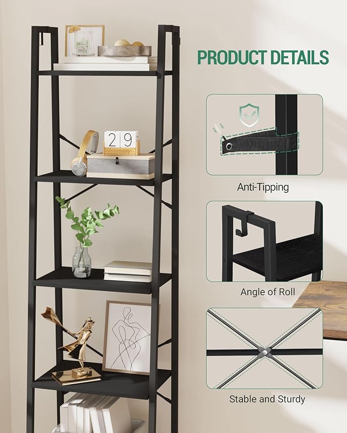 Ladder Shelf, Bookshelf Bookcase, Freestanding Corner Storage Shelve with 2 Hooks for Home Office, Living Room, Kitchen, Bedroom, Industrial, 11.8" D x 17.3" W x 63" H, Black BC19204B